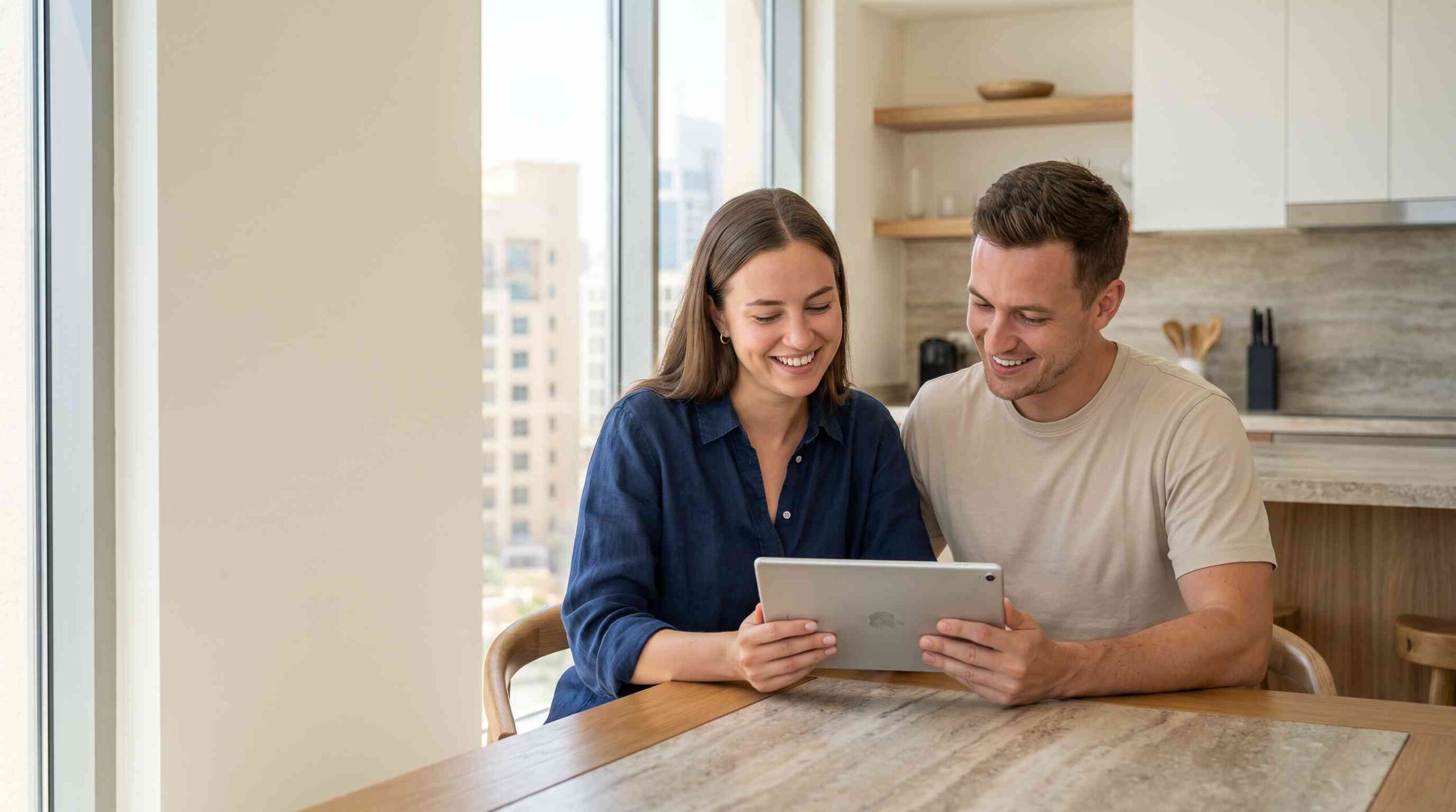 Couple reviewing a UAE mortgage offer together on a tablet
