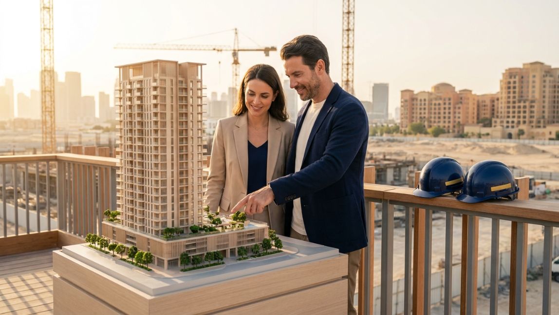 Couple viewing an architectural model of a new residential development