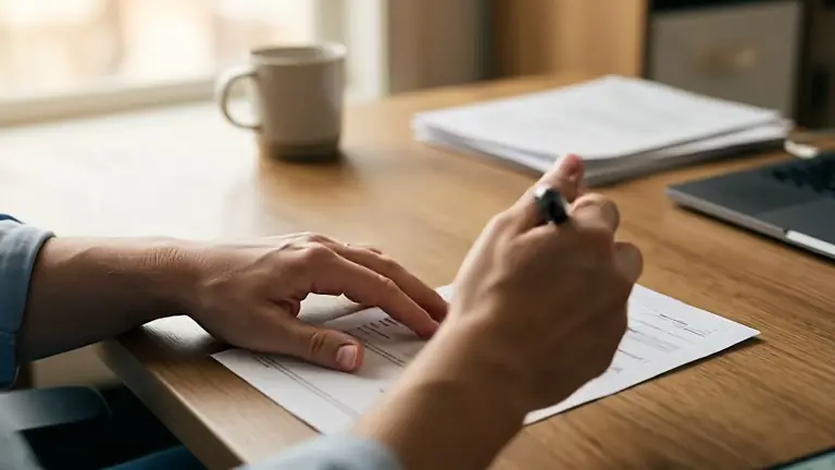Hand reviewing mortgage application documents with a pen
