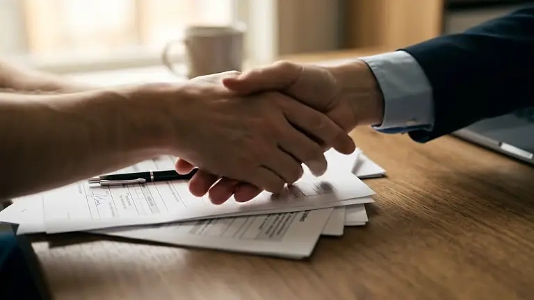 Handshake over signed mortgage documents on a desk