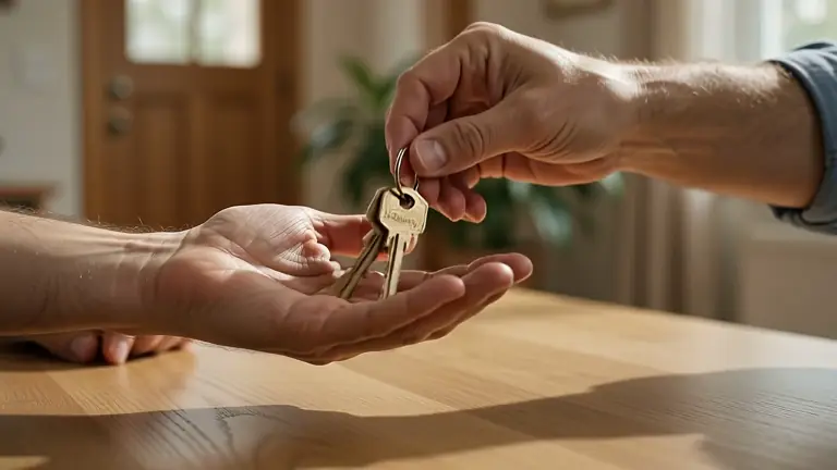 House keys being handed over with a home interior in the background